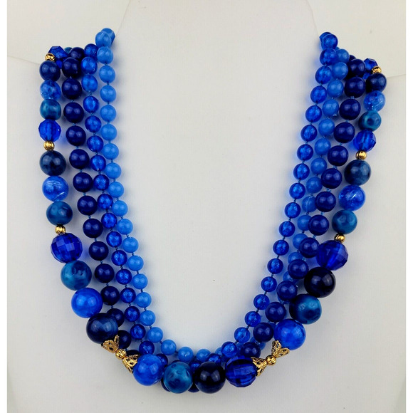 Vintage Blue Shades Bead Necklace 4 Strands Gold Tone Caps Graduated Round - Picture 1 of 12